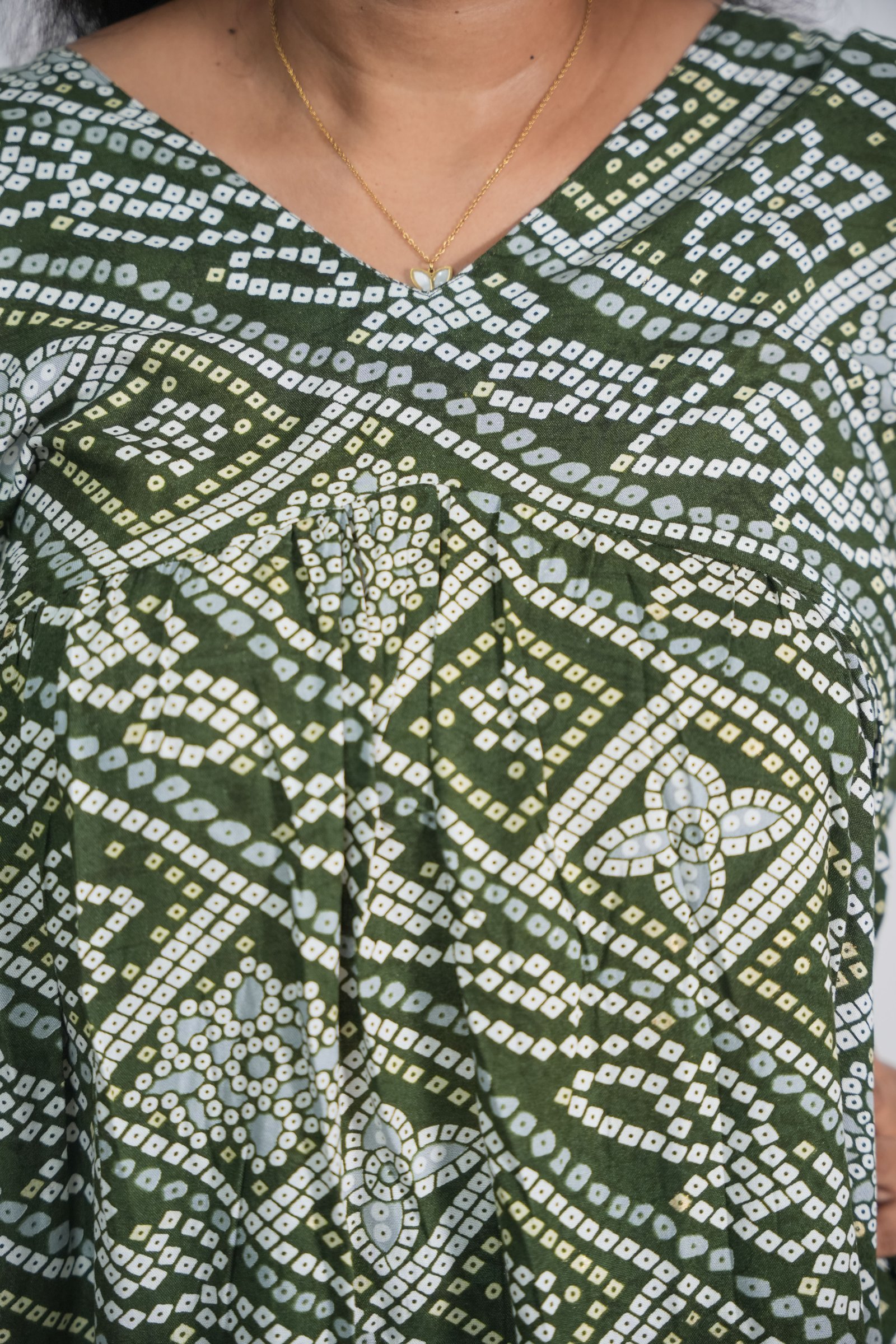 Olive Green Rayon Bandhani Print Short Kurti